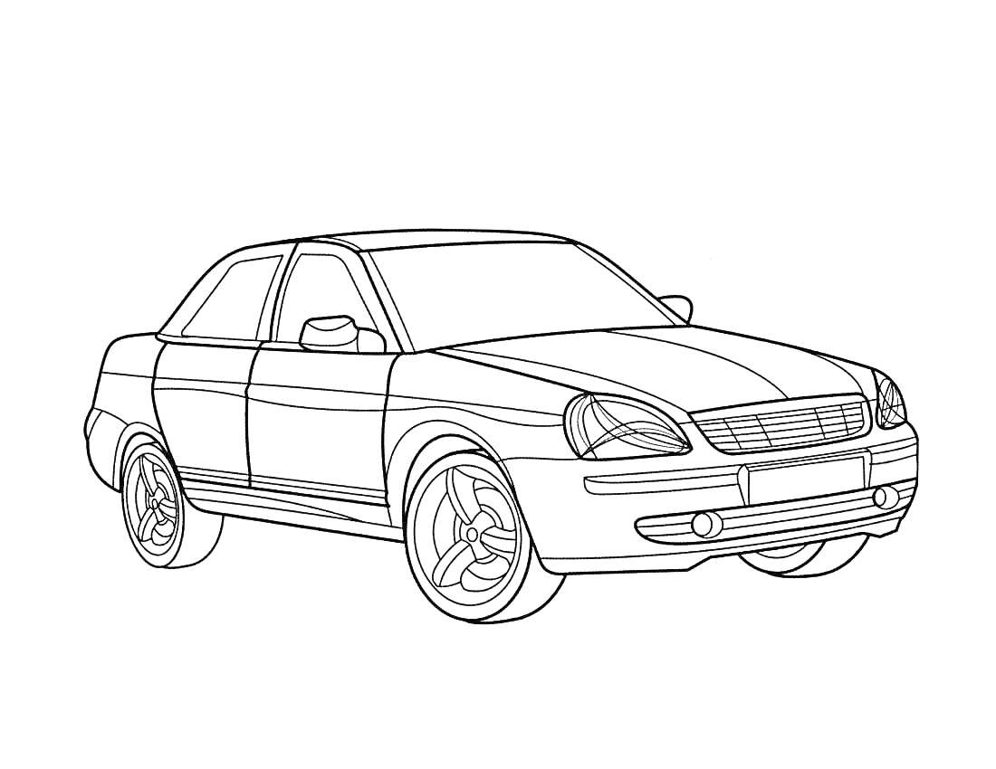 Раскраска Лада седан, передний вид, четыре колеса, боковые зеркала, фары, бампер, решетка радиатора