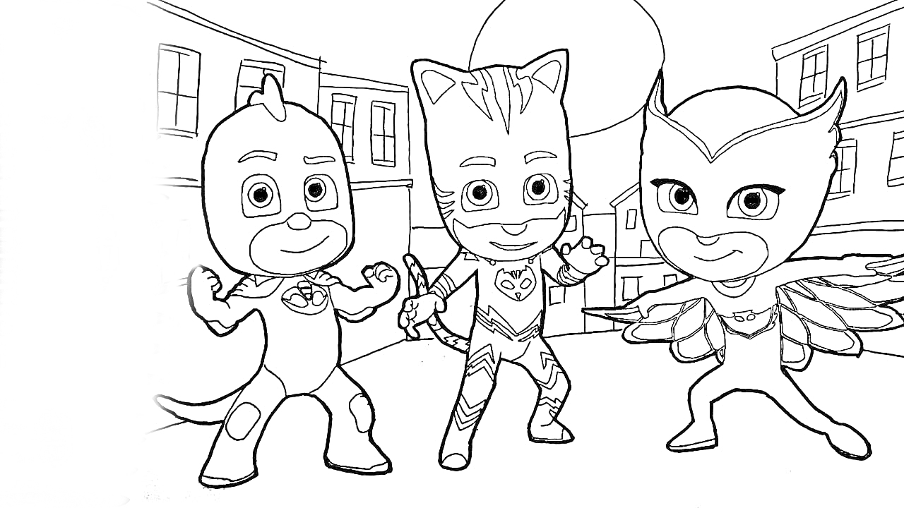 Герои в масках на городской улице, три персонажа в костюмах героя