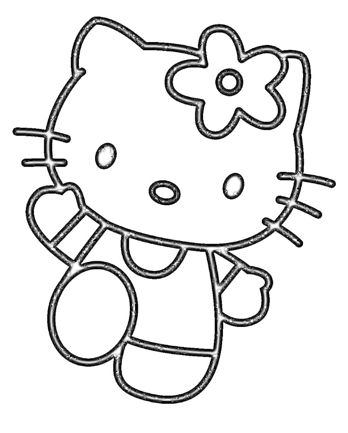 Раскраска Hello Kitty с цветком на голове и поднятой лапой