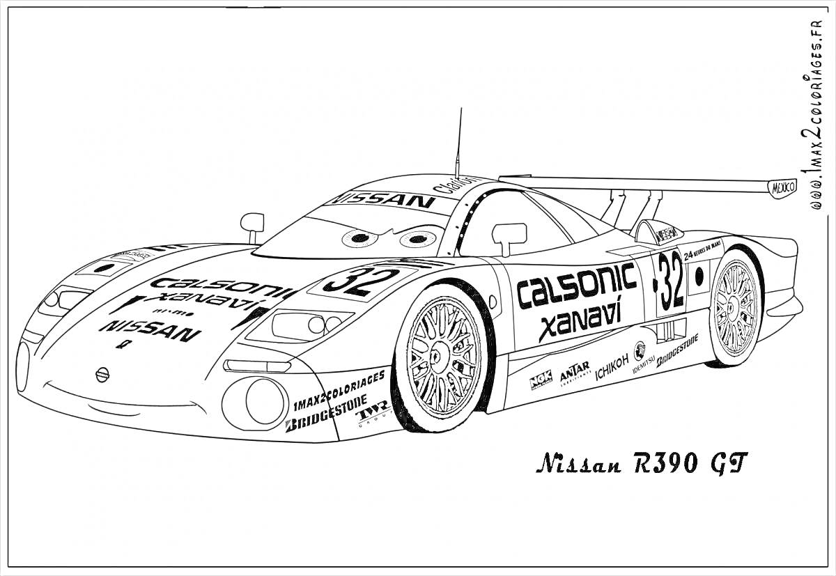 Раскраска Гоночный автомобиль Nissan R390 GT с глазами, логотипами и номерами на корпусе