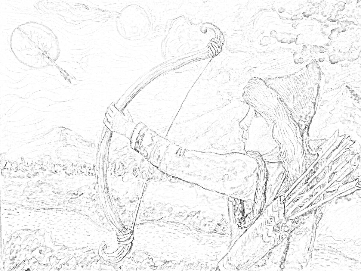 Раскраска Батыр с луком и стрелами на фоне природы и наносящий удар по воздушным шарам, горы и лес на заднем плане