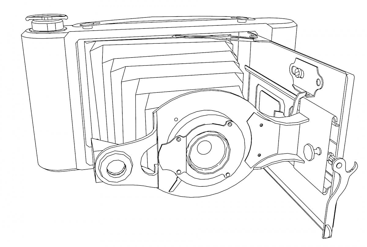 Раскраска Старая складная фотокамера с объективом и механизмом