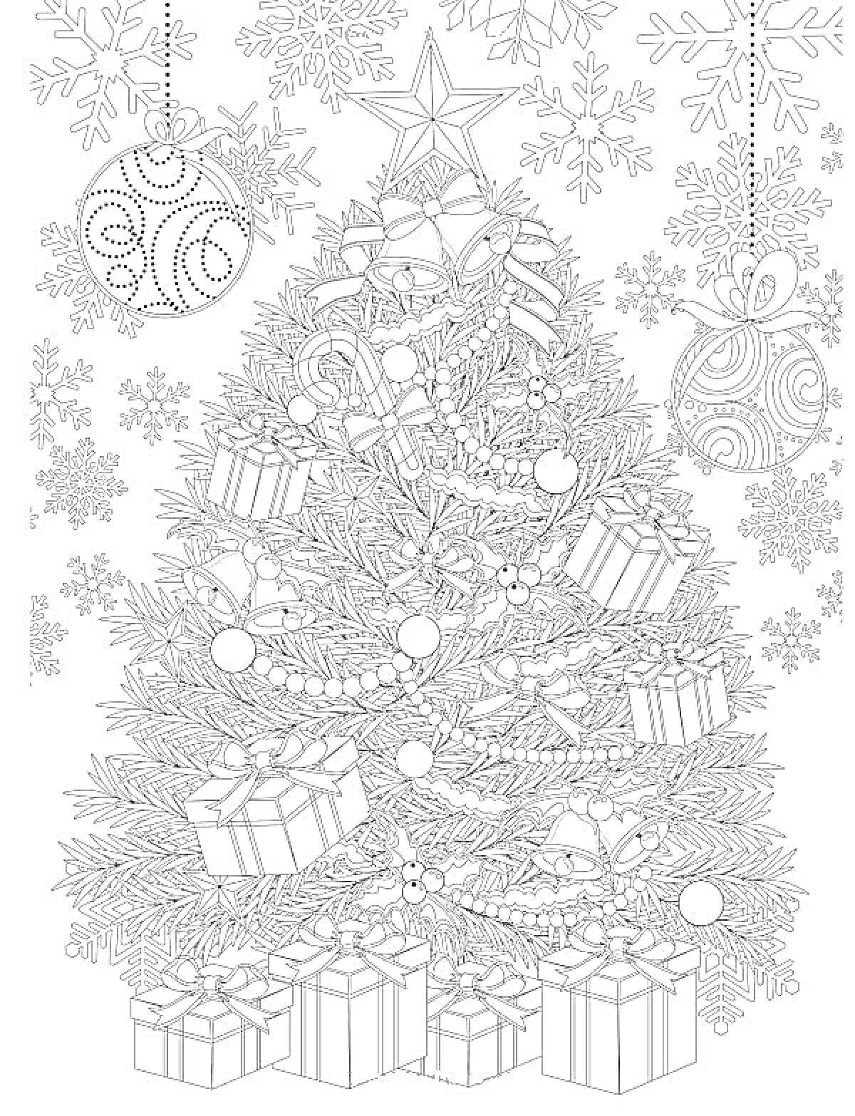 Раскраска новогодняя ёлка, украшенная шарами, звездами, лентами и подарками, снежинки на заднем фоне