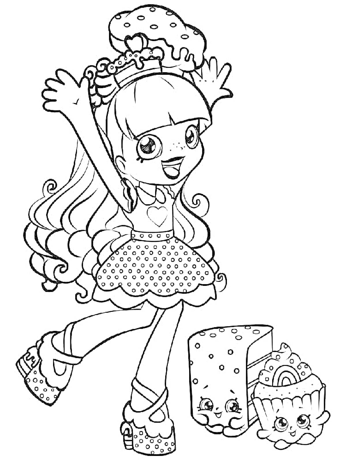 Раскраска Девочка с длинными волосами с сердечком на футболке, держащая пончик, рядом с пирожным и кусочком торта