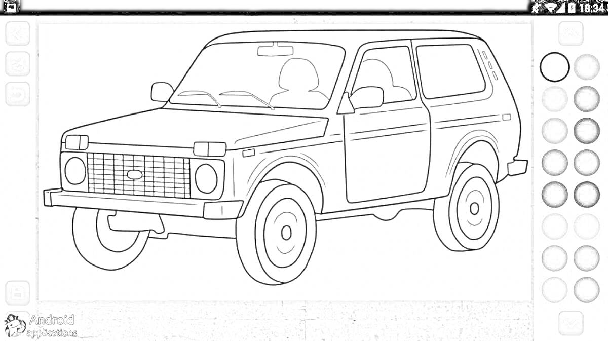 Раскраска Нива, автомобиль, гриль, два передних сиденья, окна, двери, колеса