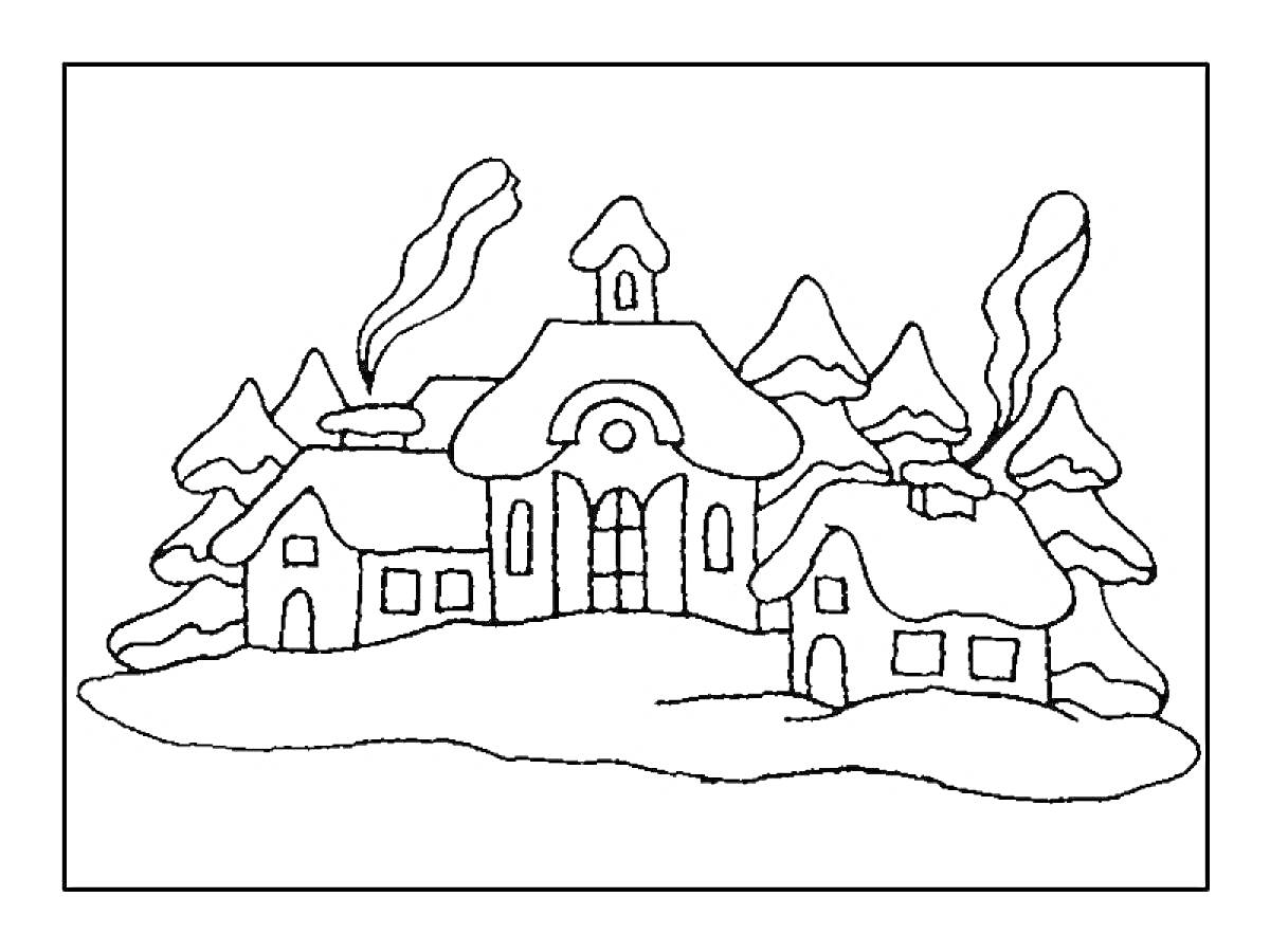 На раскраске изображено: Зимний пейзаж, Снег, Дом, Елки, Контурные рисунки