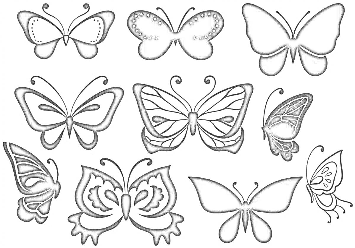Раскраска Силуэты бабочек: девять различных бабочек разных форм и размеров