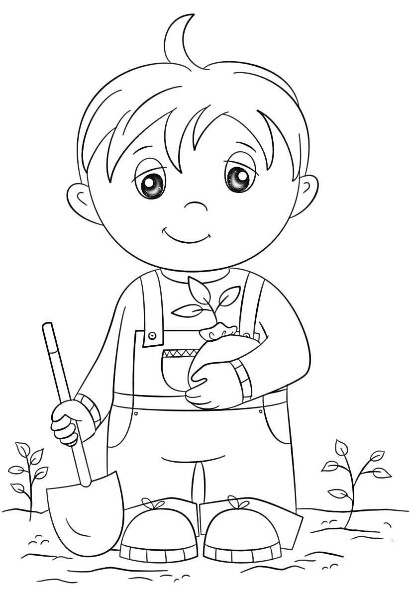 Раскраска Мальчик с растением в горшке, лопатой и садовыми ботинками