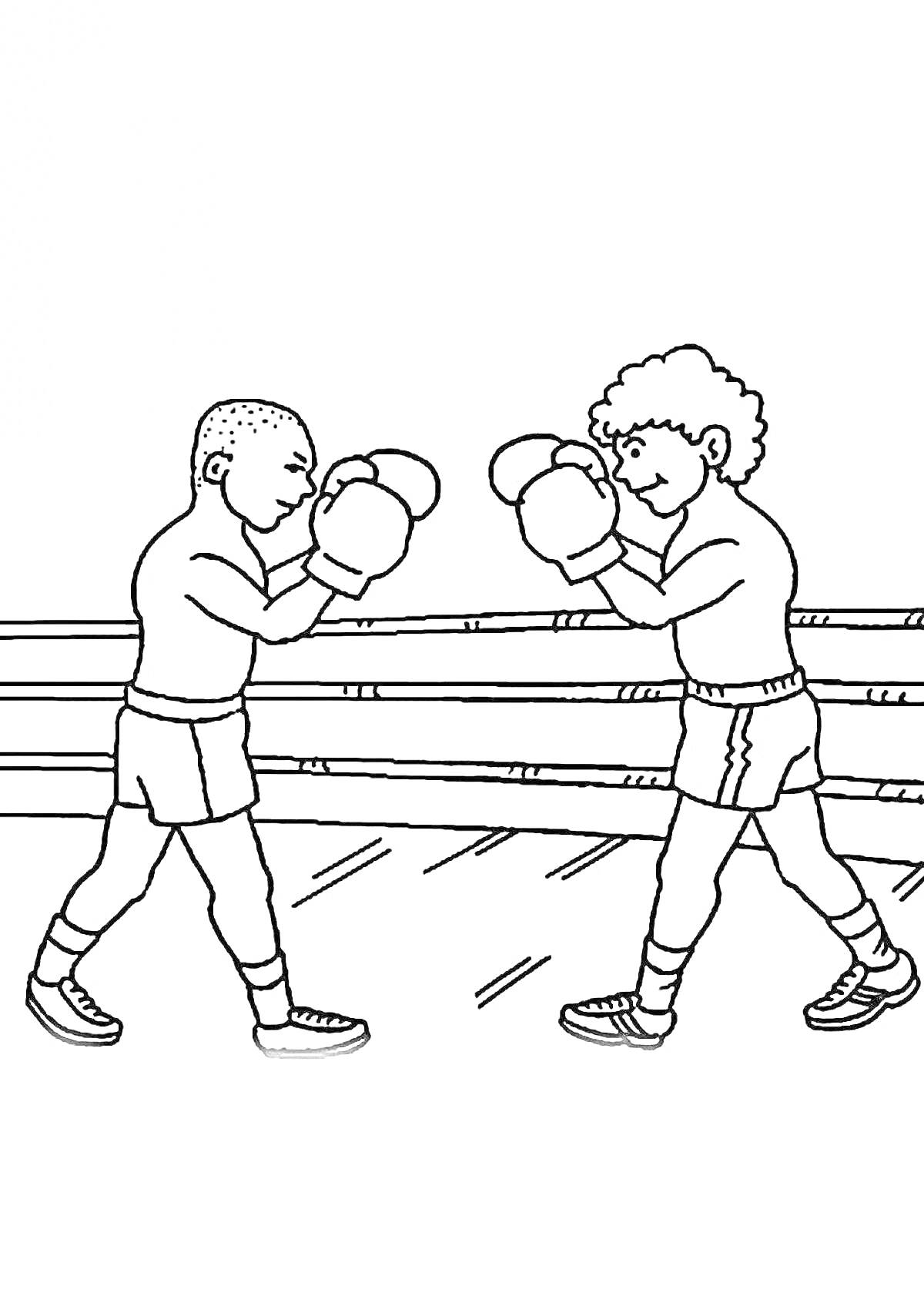 На раскраске изображено: Бокс, Поединок, Ринг, Перчатки, Спорт, Тренировка