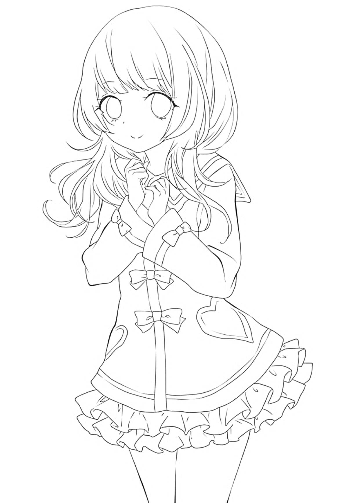 Раскраска Аниме девушка с длинными волосами в школьной форме с бантиками и оборками