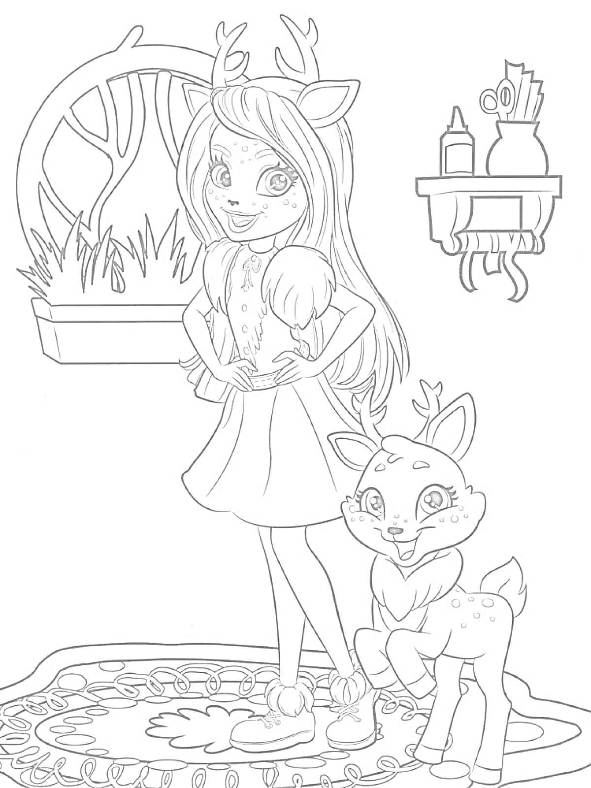Раскраска Девочка с оленьими рожками и олешек на ковре у окна с травой и полки с предметами