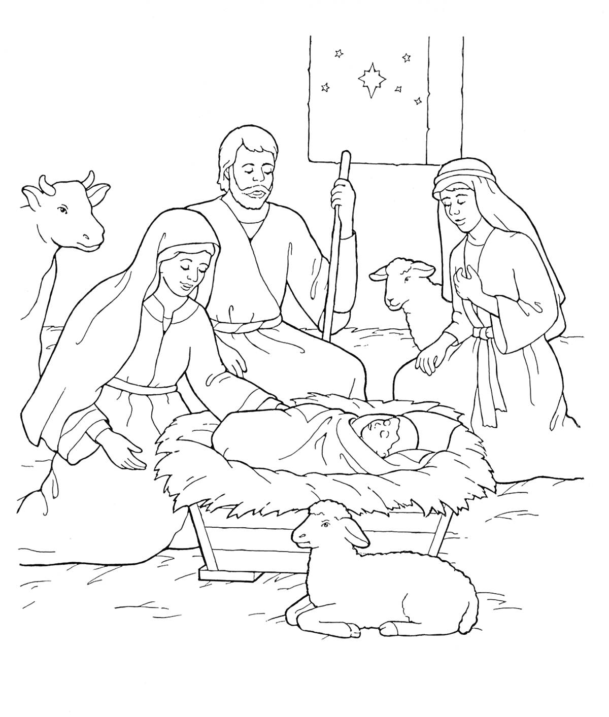 На раскраске изображено: Рождество, Вертеп, Ясли, Иисус, Мария, Иосиф, Корова, Религиозная сцена, Новорожденный
