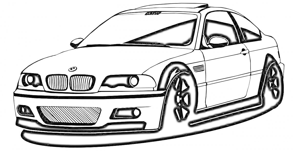 Раскраска Автомобиль BMW E46 с видимыми передними и боковыми фарами, капотом, лобовым стеклом, дверьми и колёсами