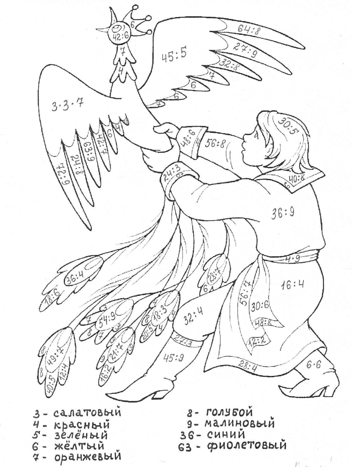 Раскраска Человек и птица с элементами таблицы умножения