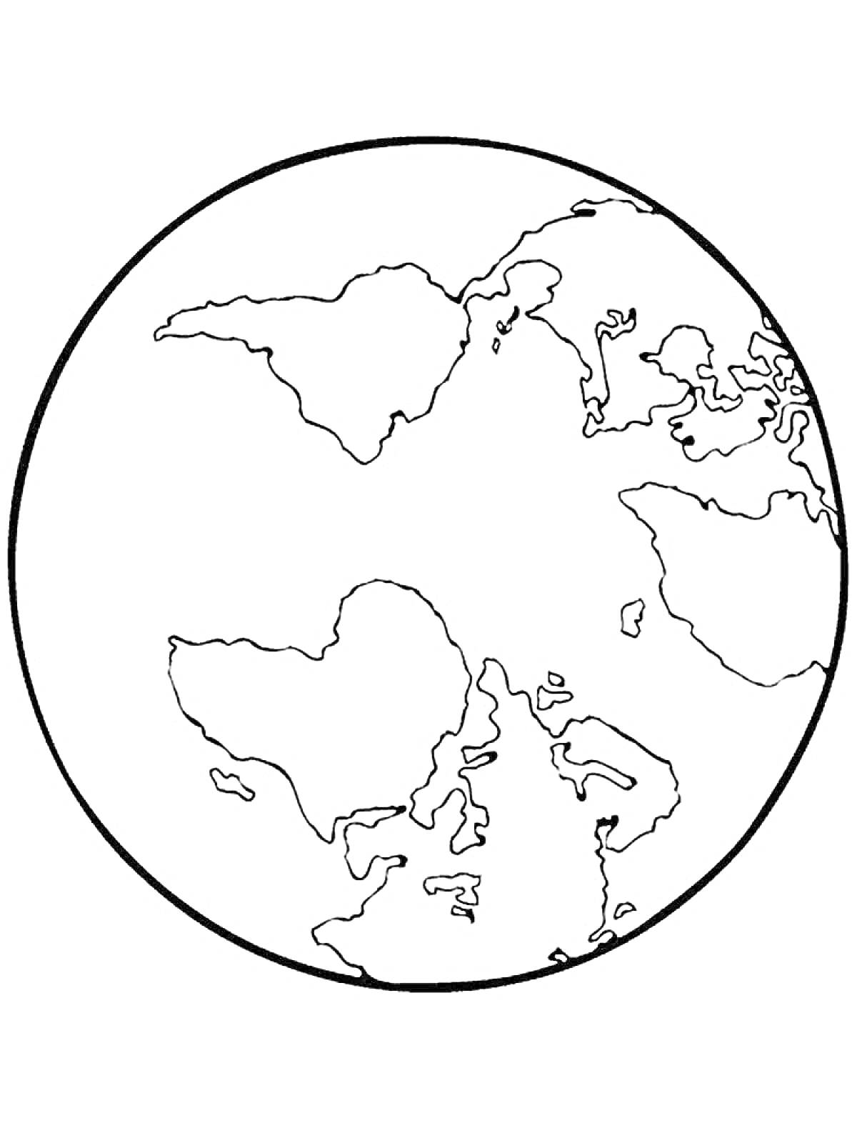 Раскраска Изображение планеты Земля с континентами Северная Америка, Южная Америка, Африка, Европа и Азия