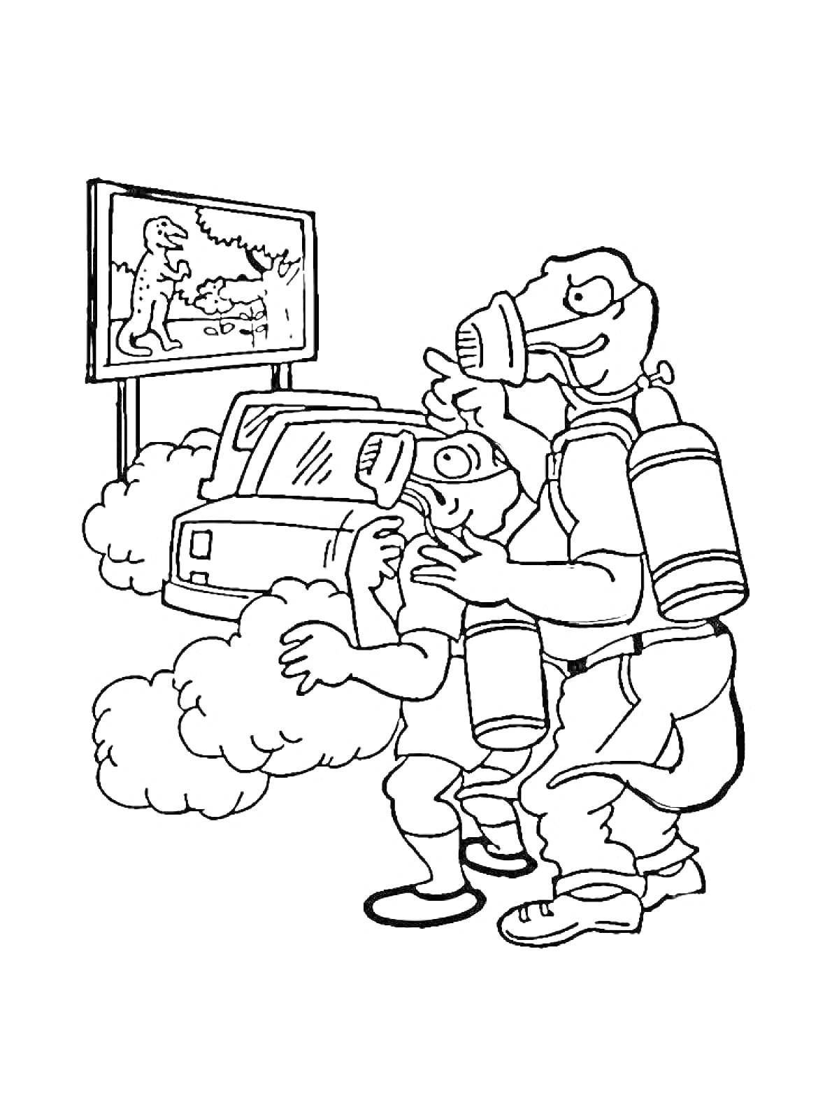 Два человека в противогазах и с кислородными баллонами рядом с телевизором и копиром в облаке дыма
