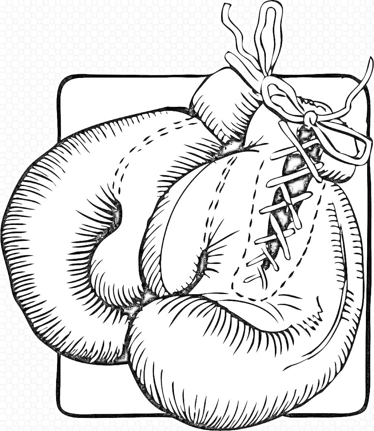 На раскраске изображено: Боксерские перчатки, Шнуровка, Спорт, Фитнес