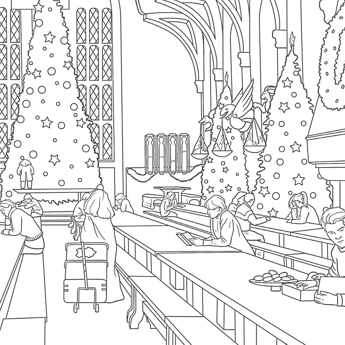 Большой зал Хогвартса с рождественскими ёлками