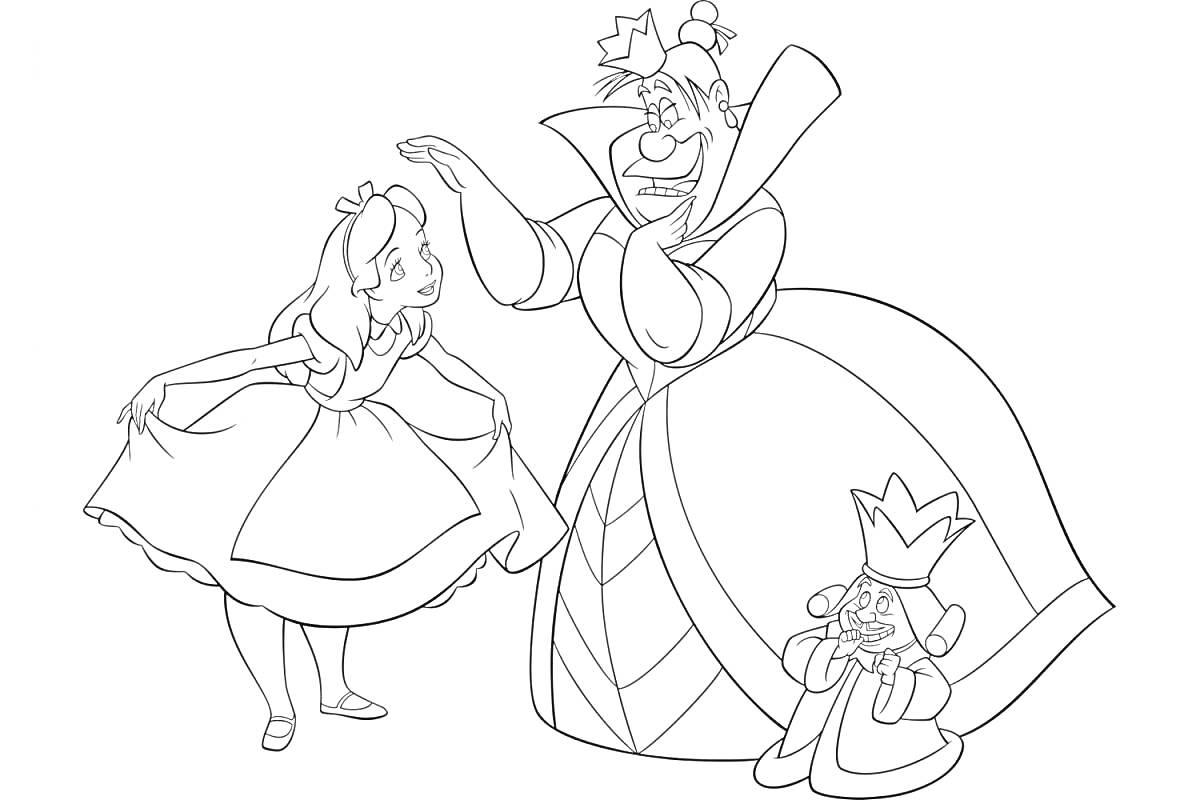 Раскраска Алиса с королевой и карточным солдатом