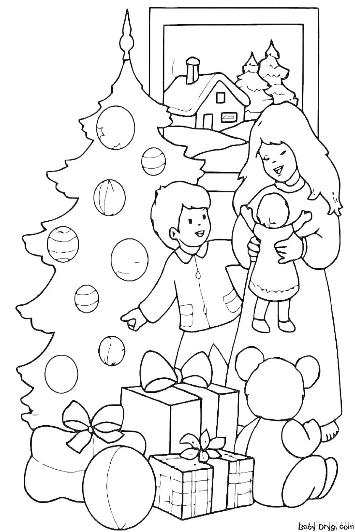На раскраске изображено: Новый год, Подарки, Игрушки, Праздничная атмосфера, Кукла, Зимний пейзаж, Украшения