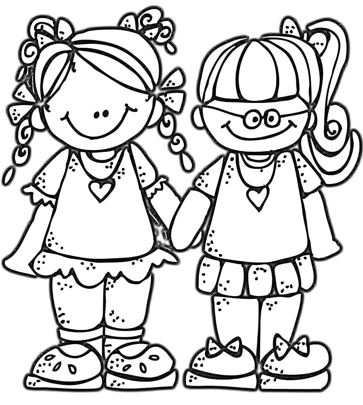 Раскраска Две девочки с сердечками на платьях, взявшиеся за руки