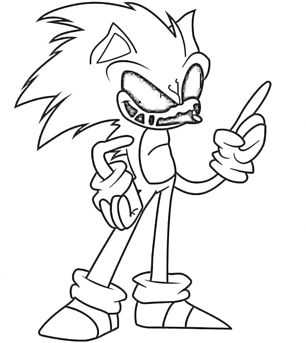 Раскраска Sonic.exe с указательным пальцем, зловещая улыбка, большие черные глаза, стоящий на ногах