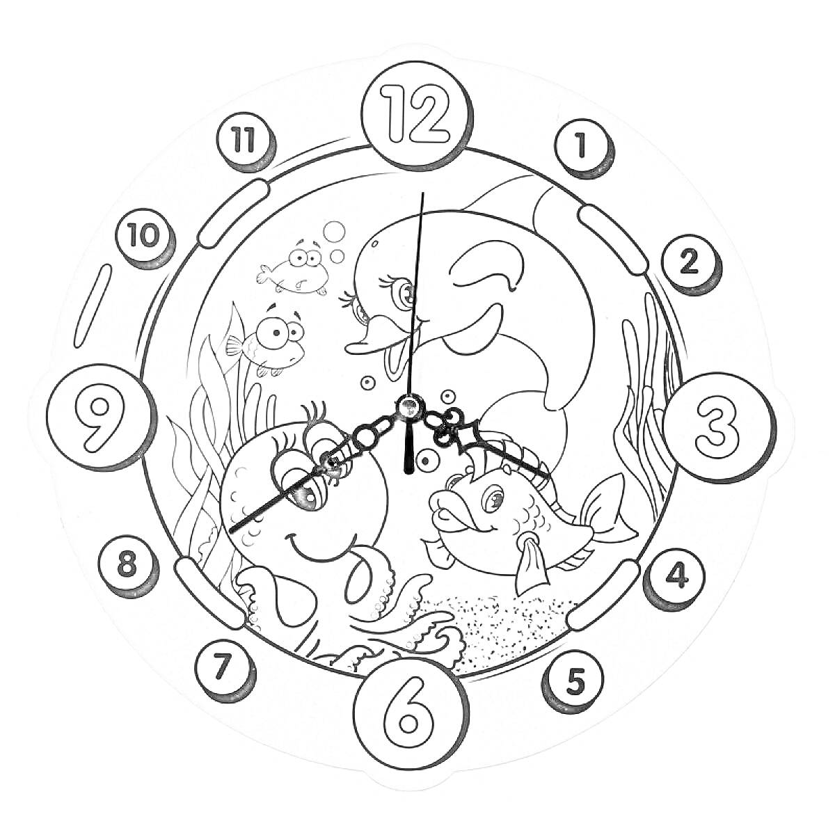 На раскраске изображено: Часы, Подводный мир, Дельфины, Водоросли, Цифры, Время, Рыба