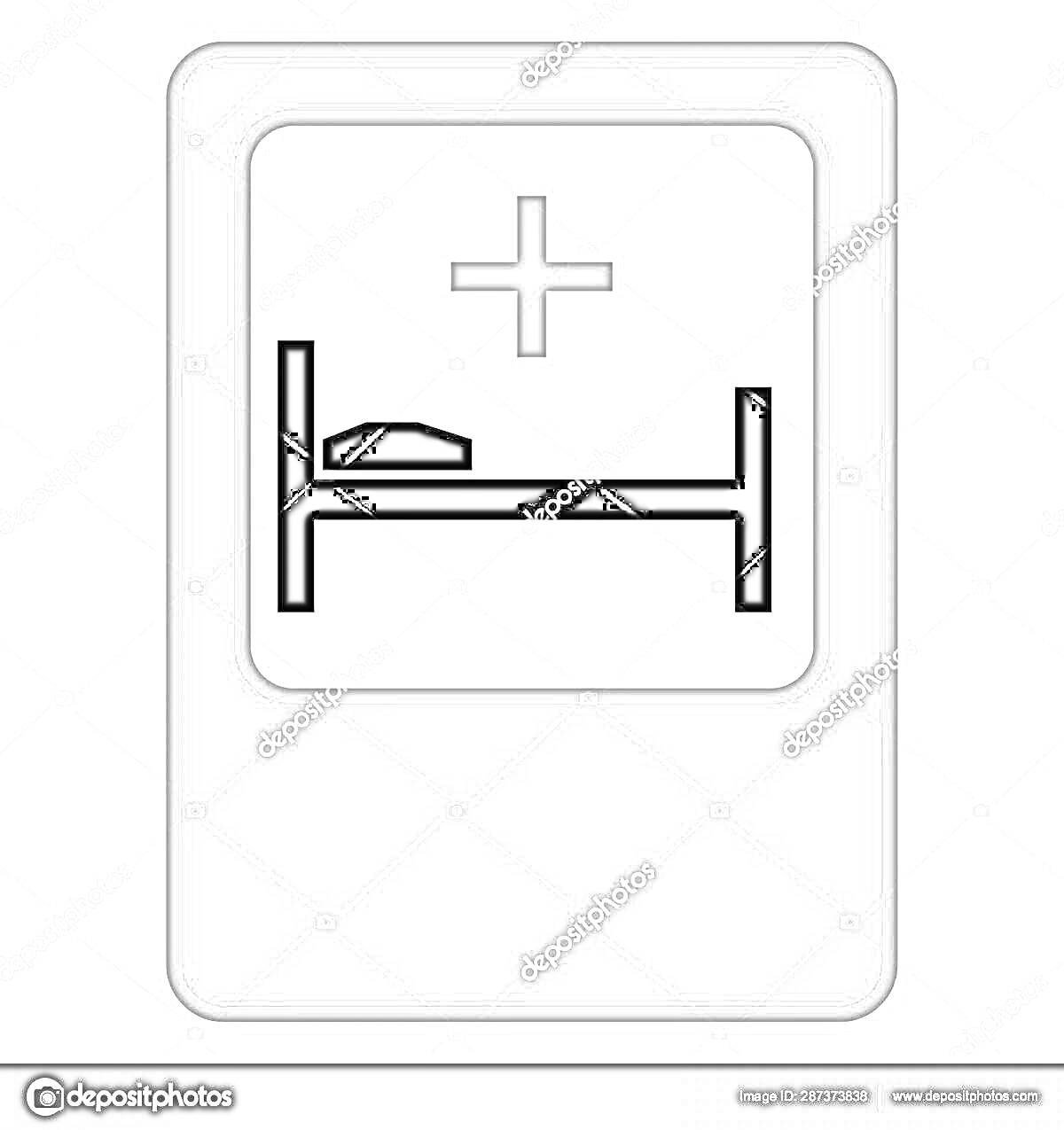 Раскраска Знак пункта медицинской помощи с кроватью и крестом