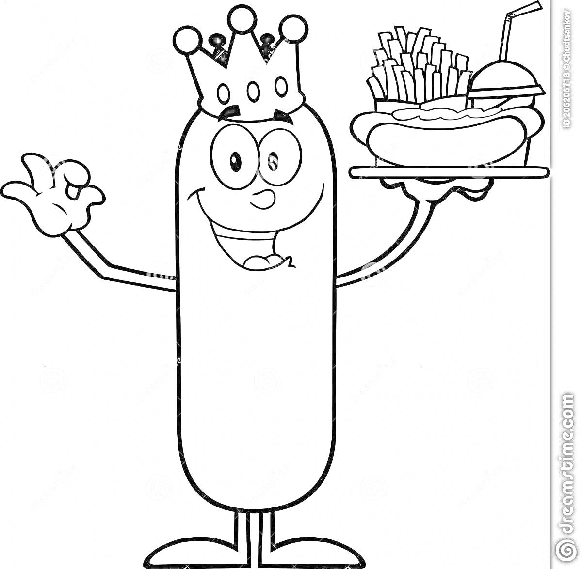 Раскраска Сосиска с короной, держащая на подносе хот-дог, картошку фри и напиток