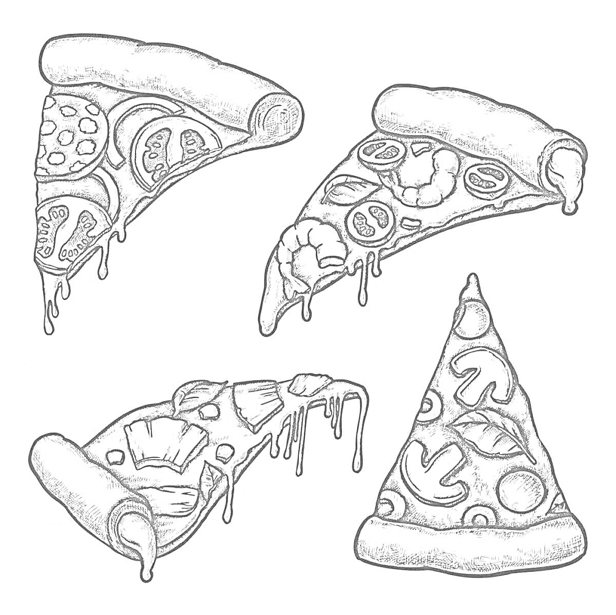 На раскраске изображено: Пицца, Колбаса, Грибы, Перец, Лук, Листья, Еда, Сыр