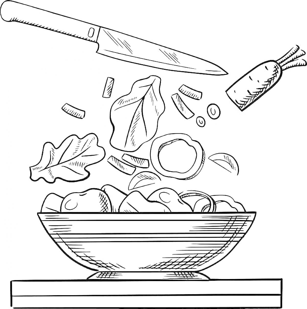 Раскраска Нарезка ингредиентов для салата оливье (миска с нарезанными ингредиентами, нож, морковь, листья салата, лук, кольца лука)