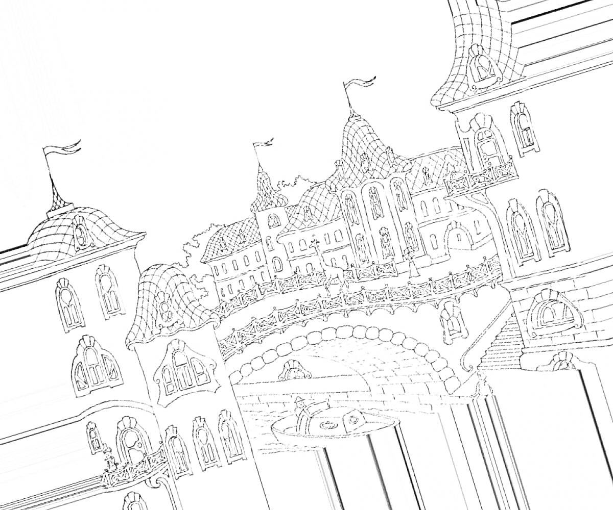Раскраска Городские здания с башенками, арками и флажками
