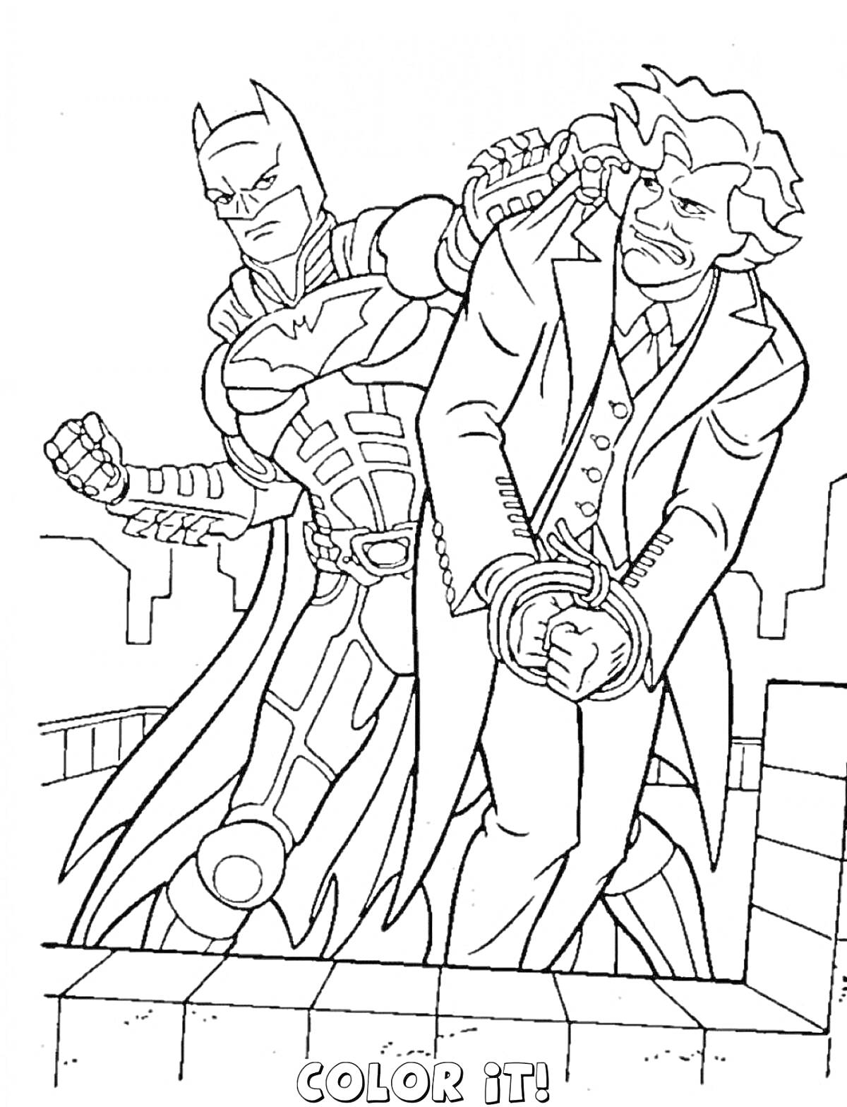 Раскраска Бэтмен задерживает мужчину в наручниках, городской фон