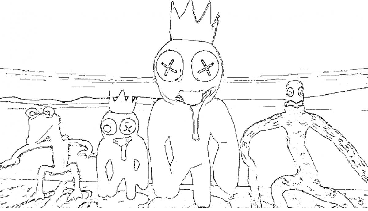 РаскраскаРадужные друзья монстры: четыре монстра с коронами на голове стоят на фоне пейзажа