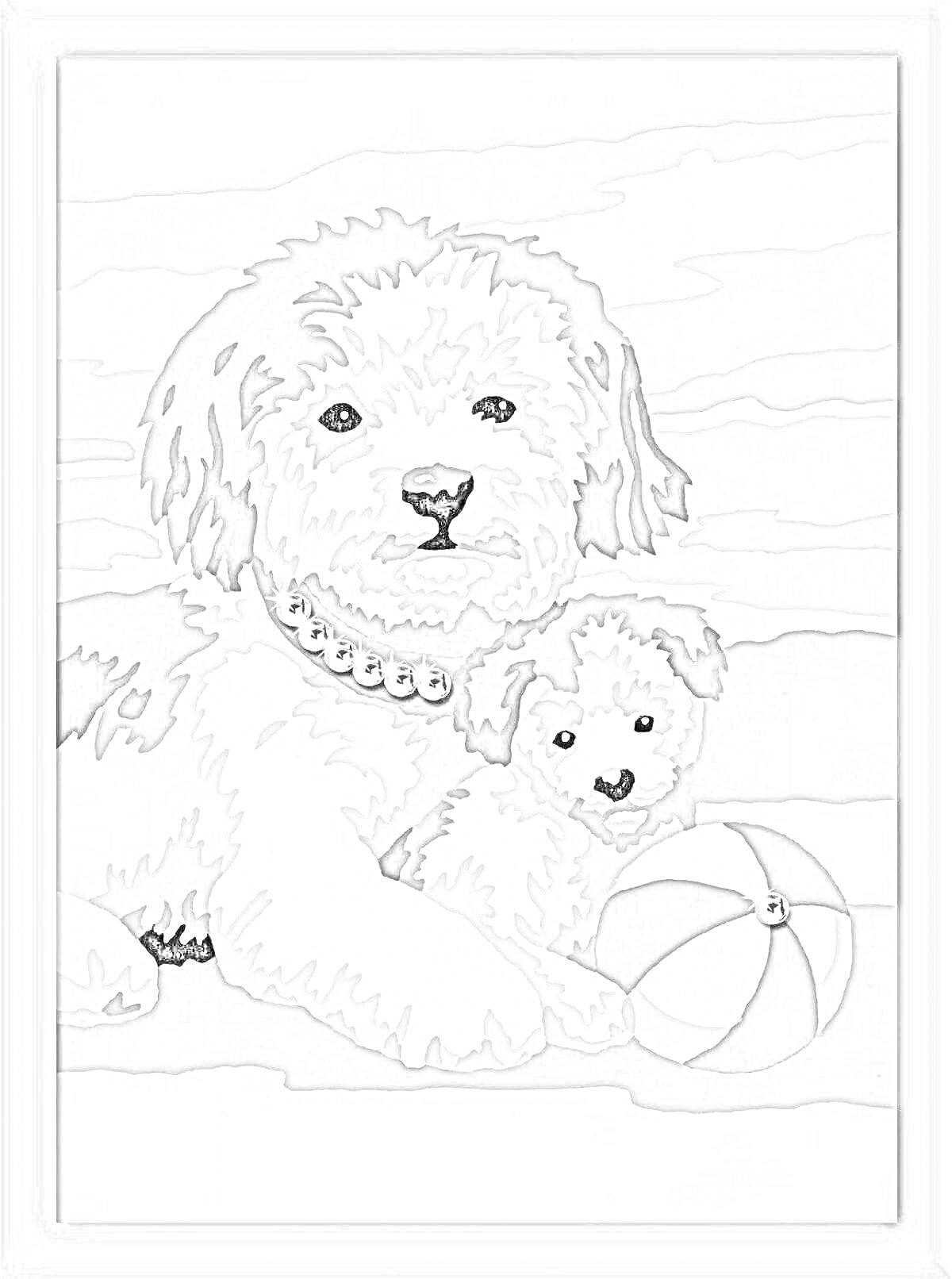 Раскраска Раскраска по номерам с изображением собачки, маленькой игрушечной собачки и мячика