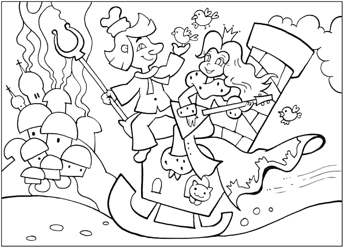 На раскраске изображено: Емеля, Принцесса, Из сказок, Замок, Рыба, Лягушки, Волшебство, Печка