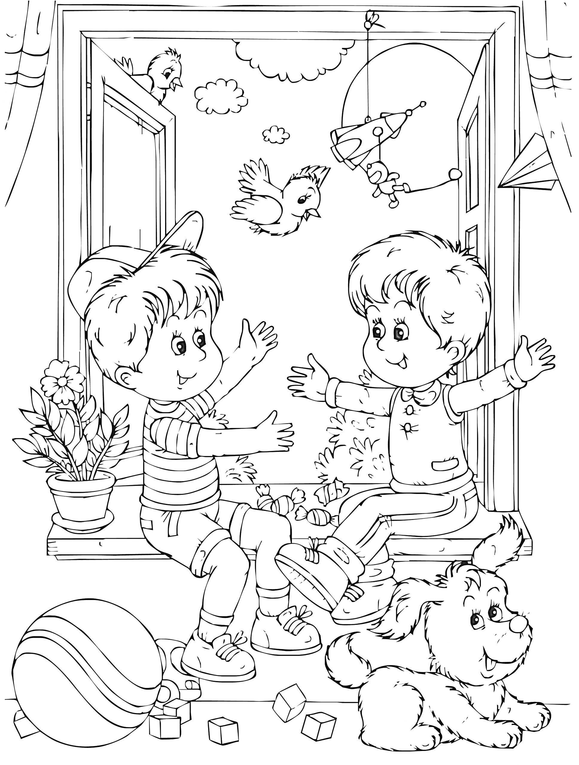 Раскраска Два мальчика сидят в комнате и веселятся, дружелюбно протягивая друг другу руки. Вокруг них находятся игрушки, щенок, мяч, кубики, цветок в горшке, окно через которое видно птицу, облака и летательный аппарат.