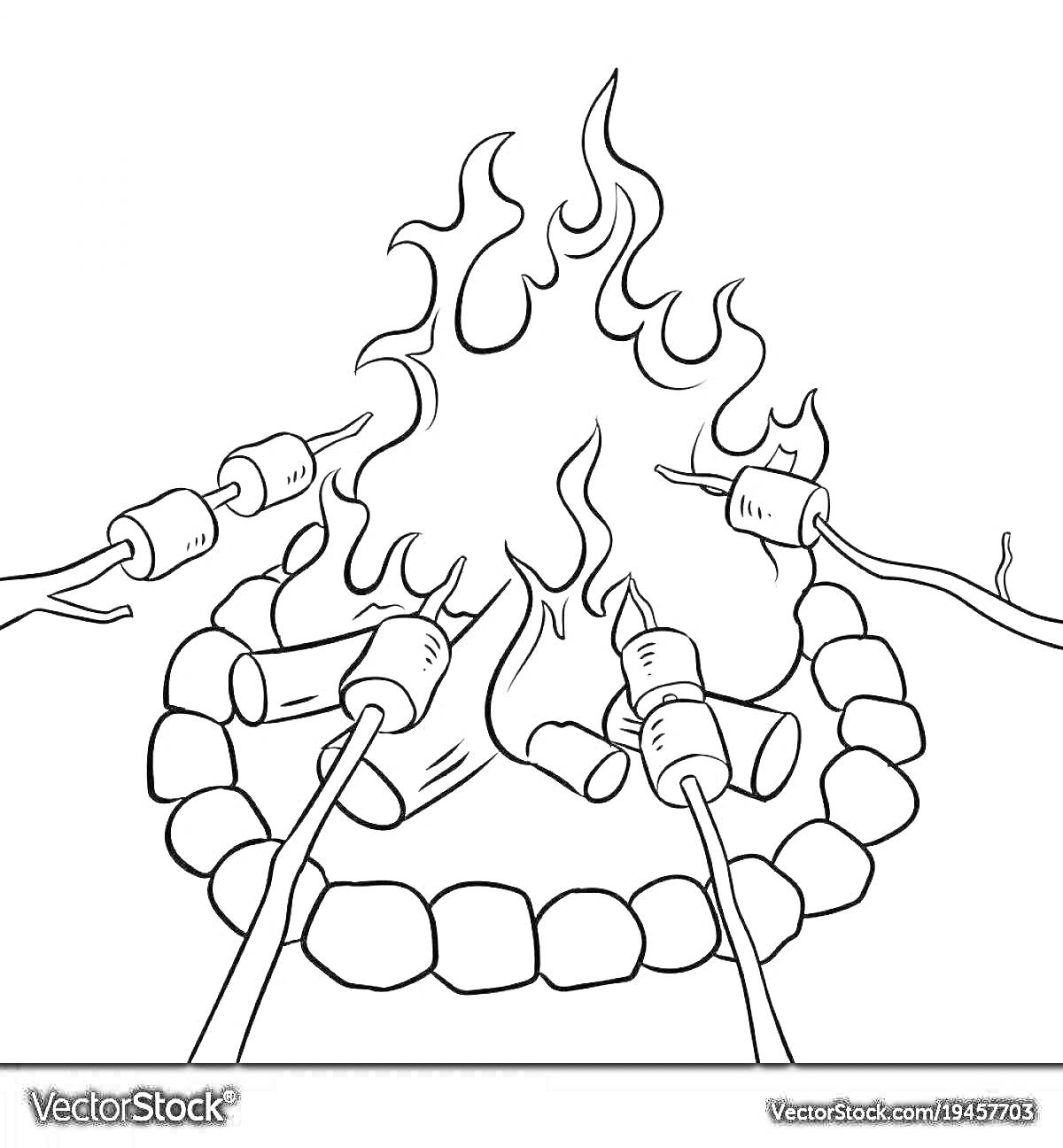Раскраска Костер с маршмеллоу на палочках