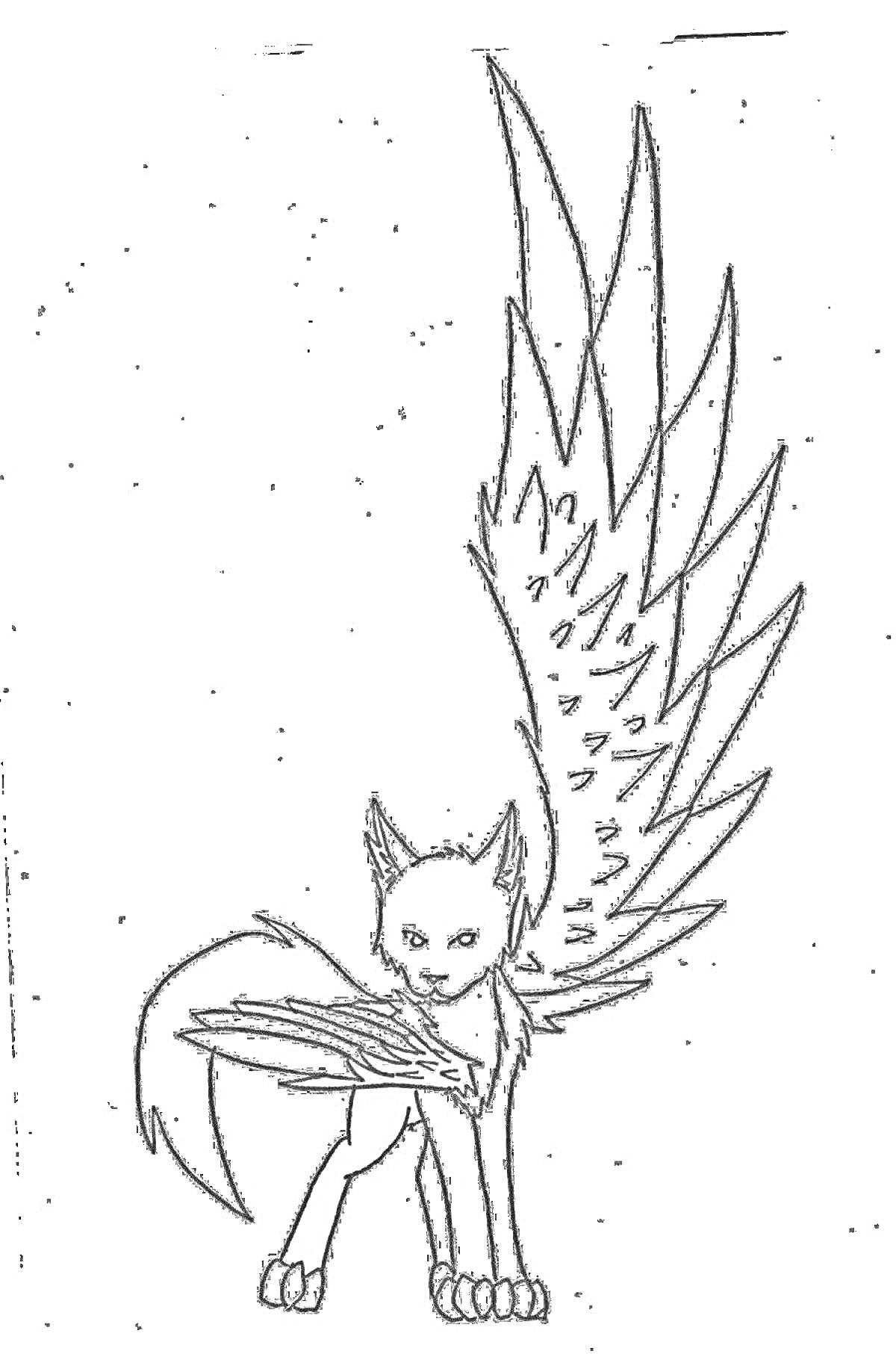 Раскраска кот с крыльями, смотрящий вперед