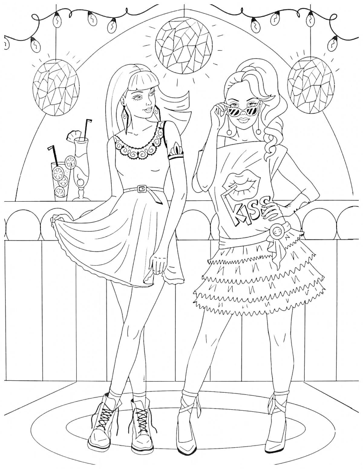 Раскраска Девушки на вечеринке с коктейлями и диско-шарами