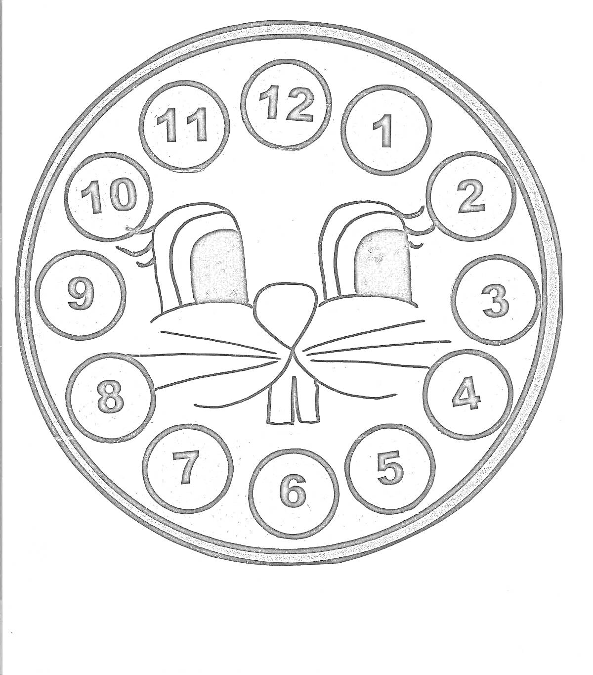 На раскраске изображено: Часы, Циферблат, Цифры, Заяц, Стрелки часов