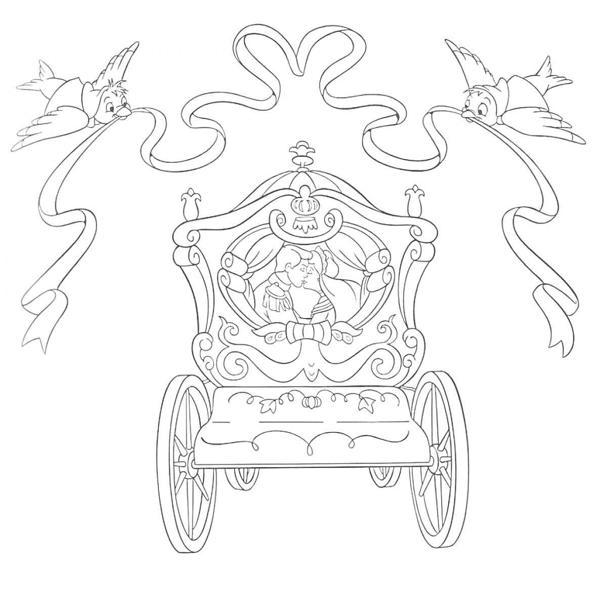 На раскраске изображено: Принцесса, Карета, Транспорт, Корона, Романтика