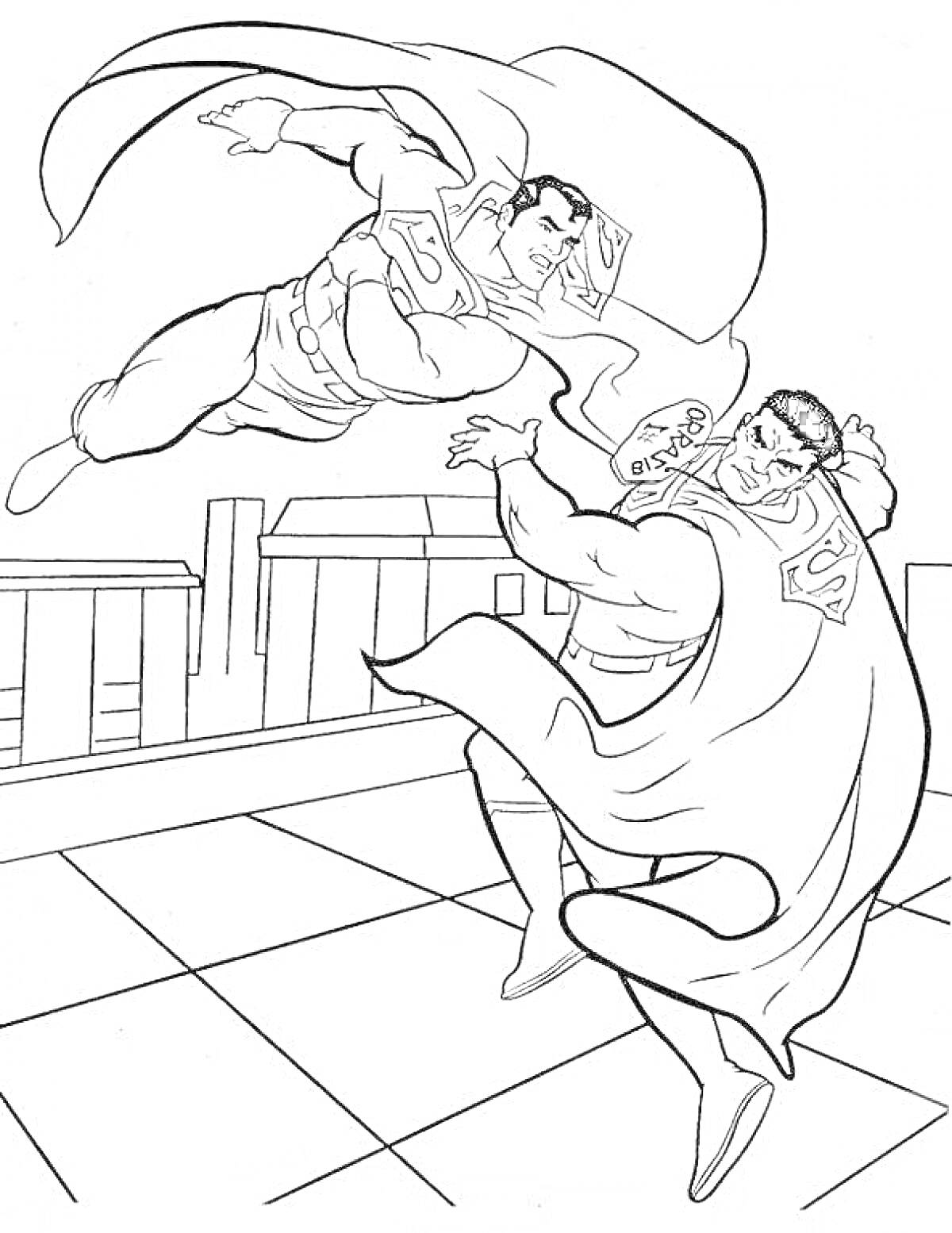 На раскраске изображено: Супергерои, Бой, Битва, Крыша, Здания, Комиксы