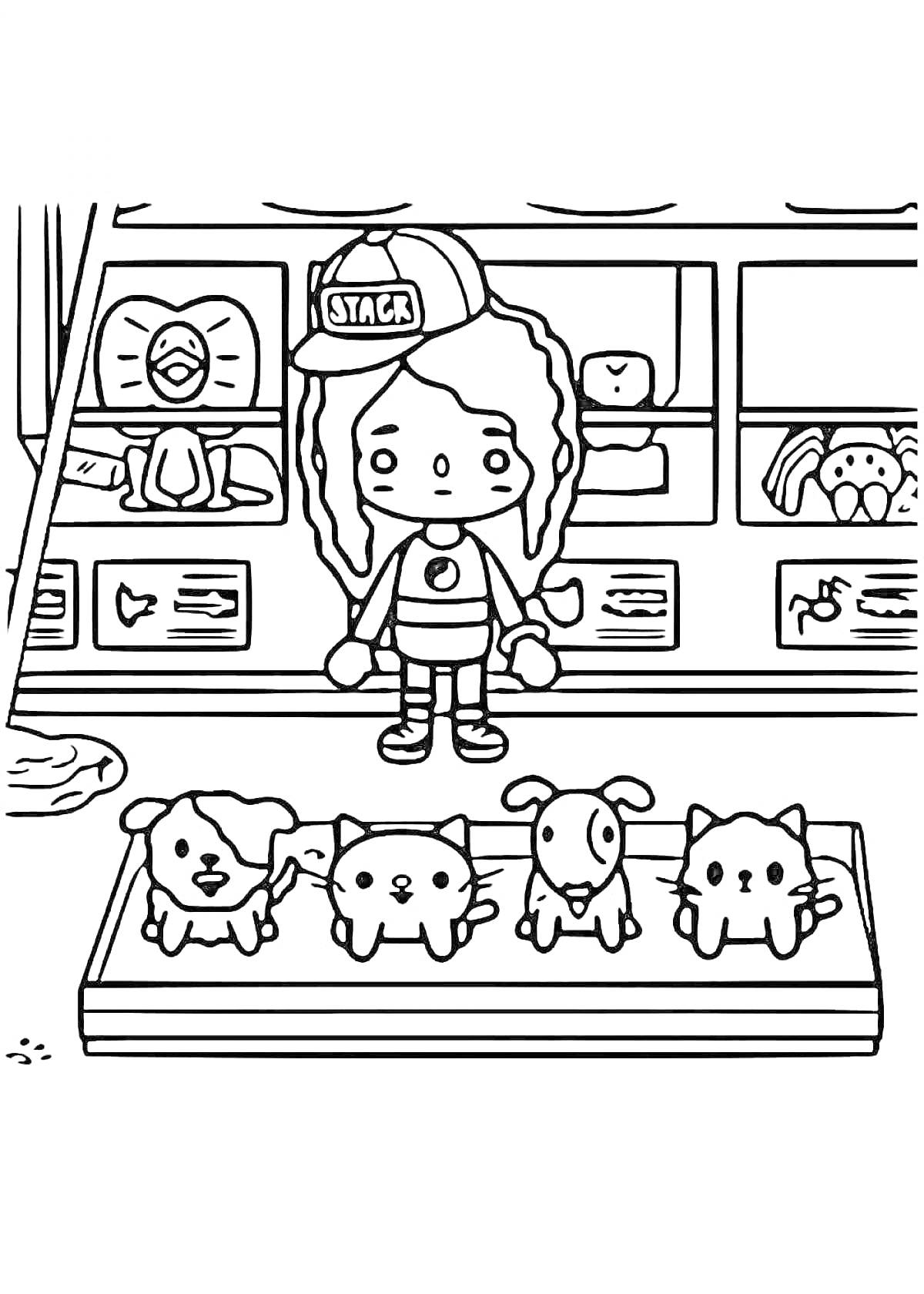 Девочка с длинными волосами и кепкой в магазине с домашними животными, кот за прилавком, четверо щенков на переднем плане