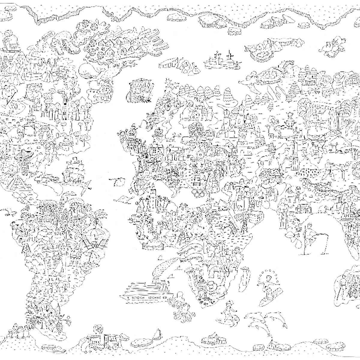Раскраска Карта мира с животными, показывающая каждый континент, с обозначениями животных, деревьев, зданий, кораблей и других объектов.