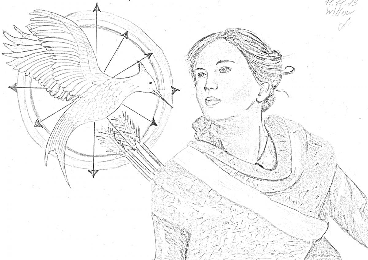 Раскраска Девушка в свитере с эмблемой насекомого и стрелами на фоне компаса