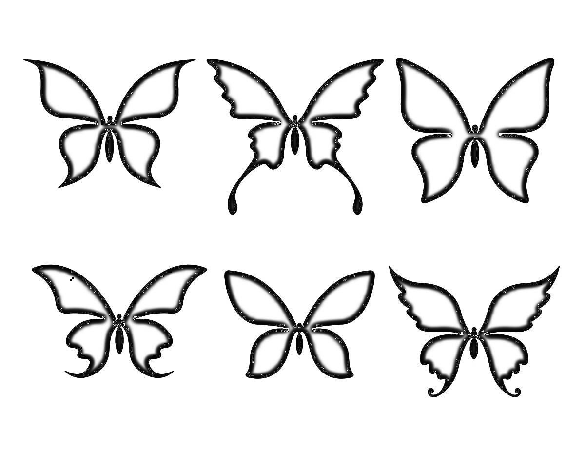 Раскраска Силуэты бабочек - набор из шести разного вида бабочек
