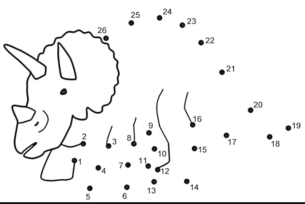 Раскраска Трицератопс (расцветка: соедините по точкам)
