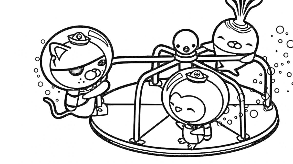 Раскраска Октонафты на карусели под водой: котокрил, медвежонок и два морских персонажа в шлемах