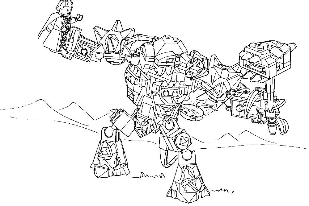 На раскраске изображено: Лего, Нексо Найтс, Робот, Горы, Рыцари